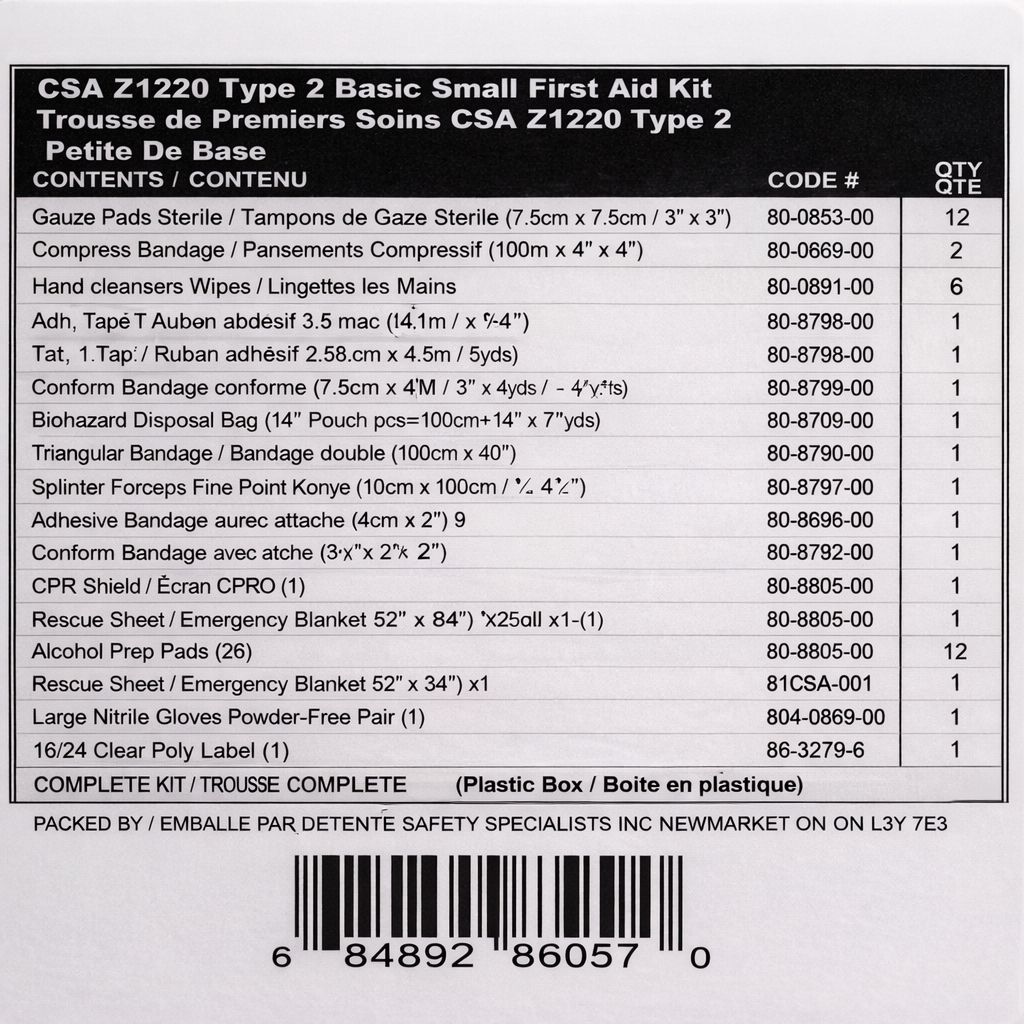 CSA Z1220 TYPE 2 BASIC SMALL FIRST AID KIT BULK Plastic (2-25 Workers)