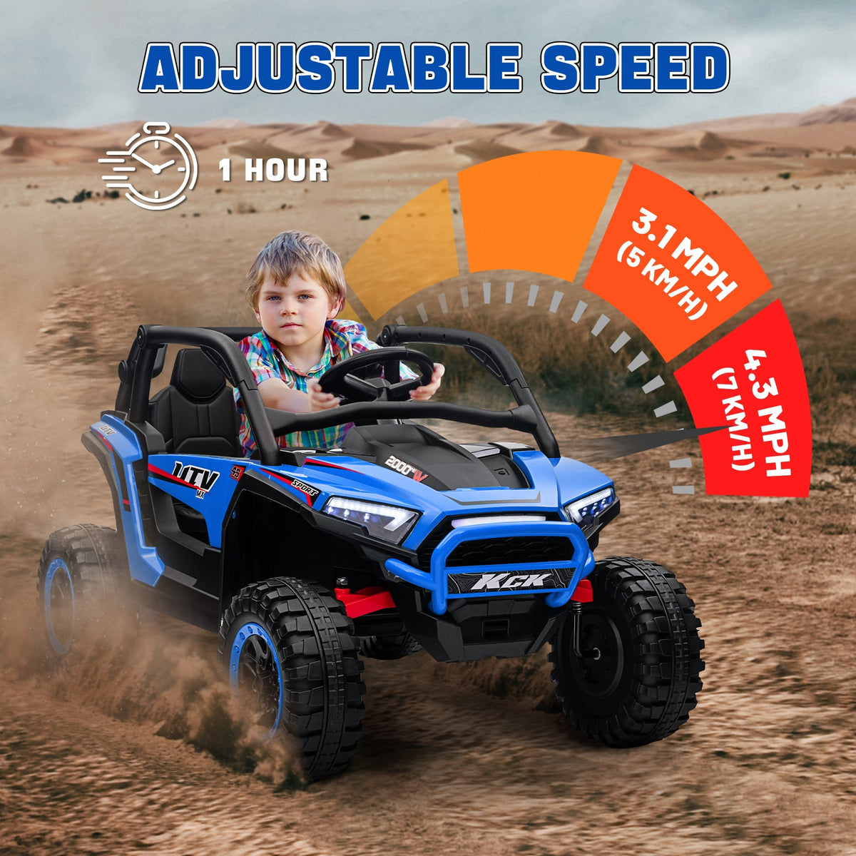 2 Seater 24V 7AH Ride on Truck, Electric Car for Kids w/ Spring Suspension, Remote Lights, Horn, Music, Blue