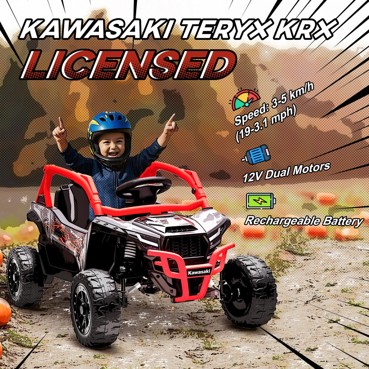 12V Ride on Truck, Licensed KAWASAKI TERYX KRX 2WD Kids Electric Car with Rear Suspension for 3-8 Years, Red