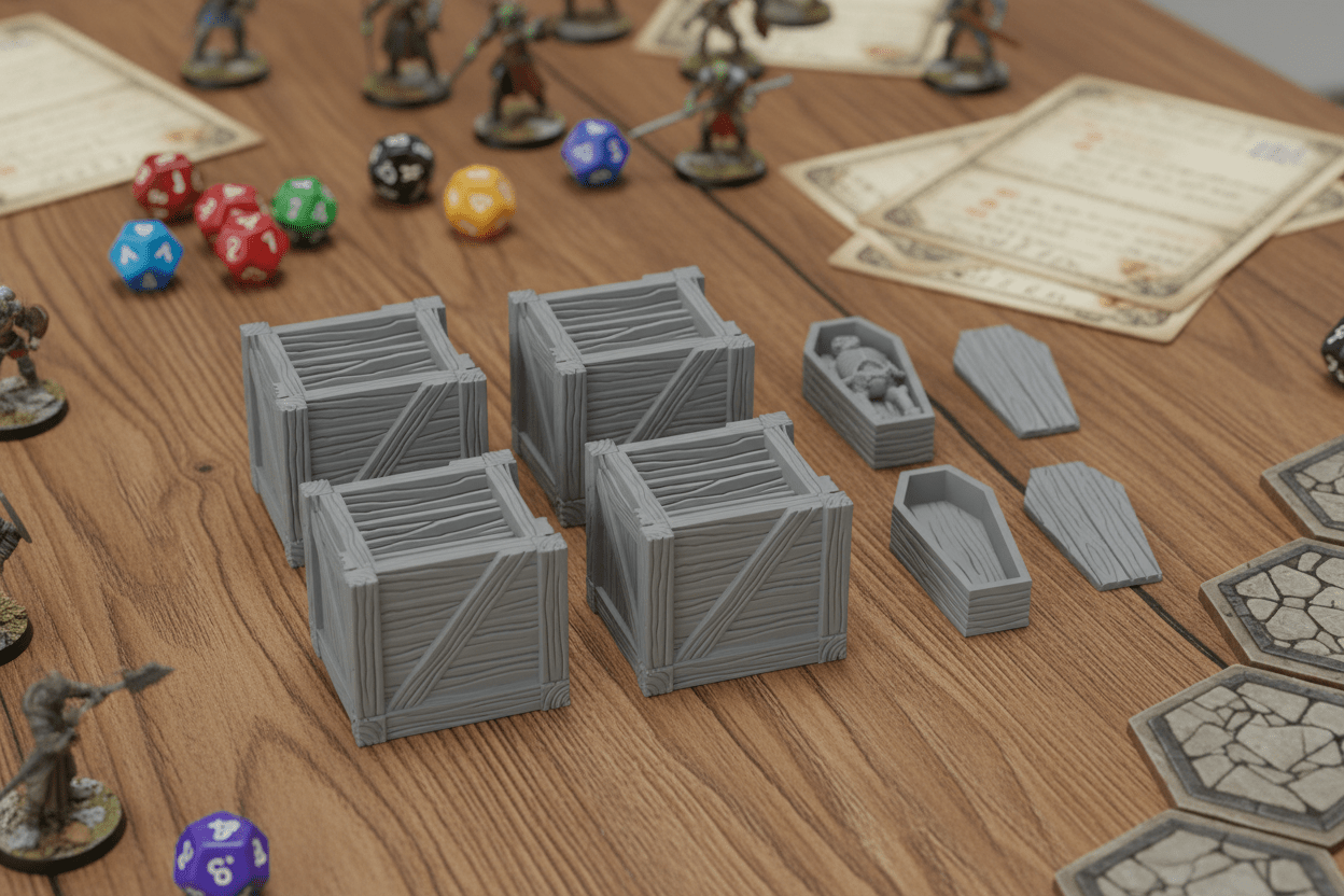 28mm Dungeon Scatter Terrain – Crates, Barrels, Altars, Coffins