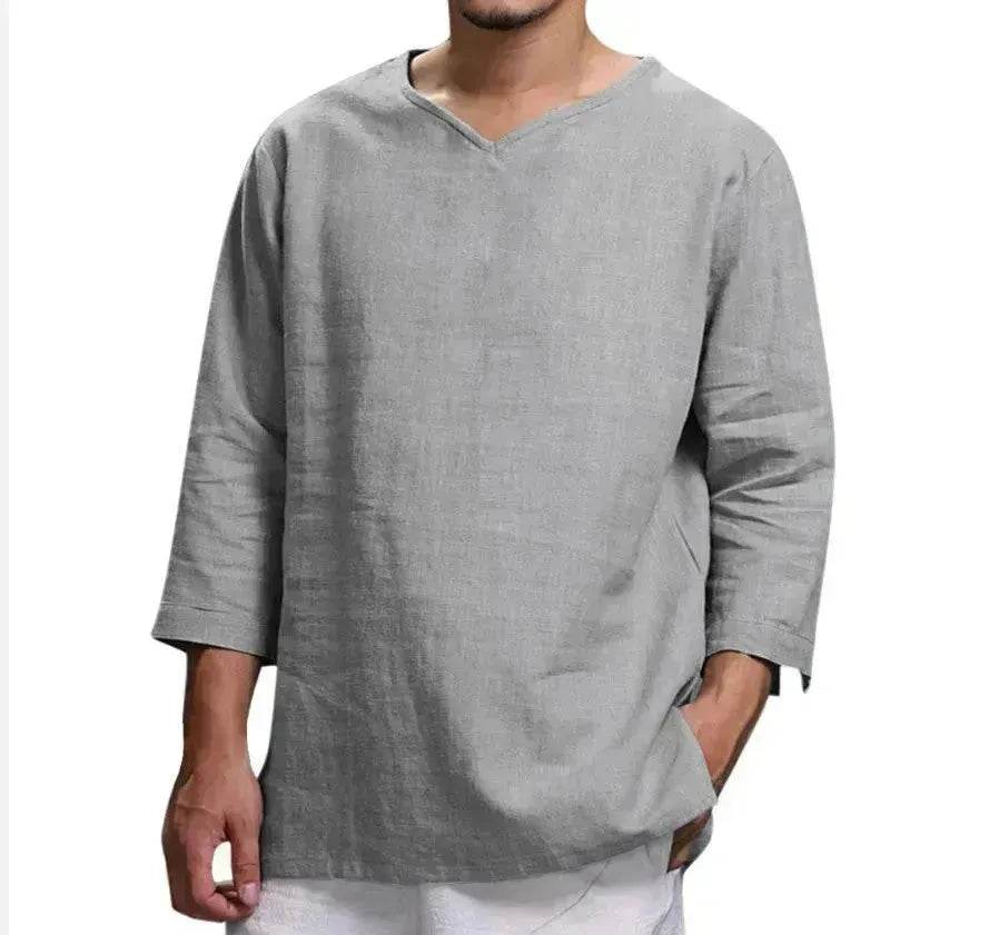 Loose Casual V-neck Top Cotton And Linen Long Sleeve Pullover Shirt Men's Shirt Top