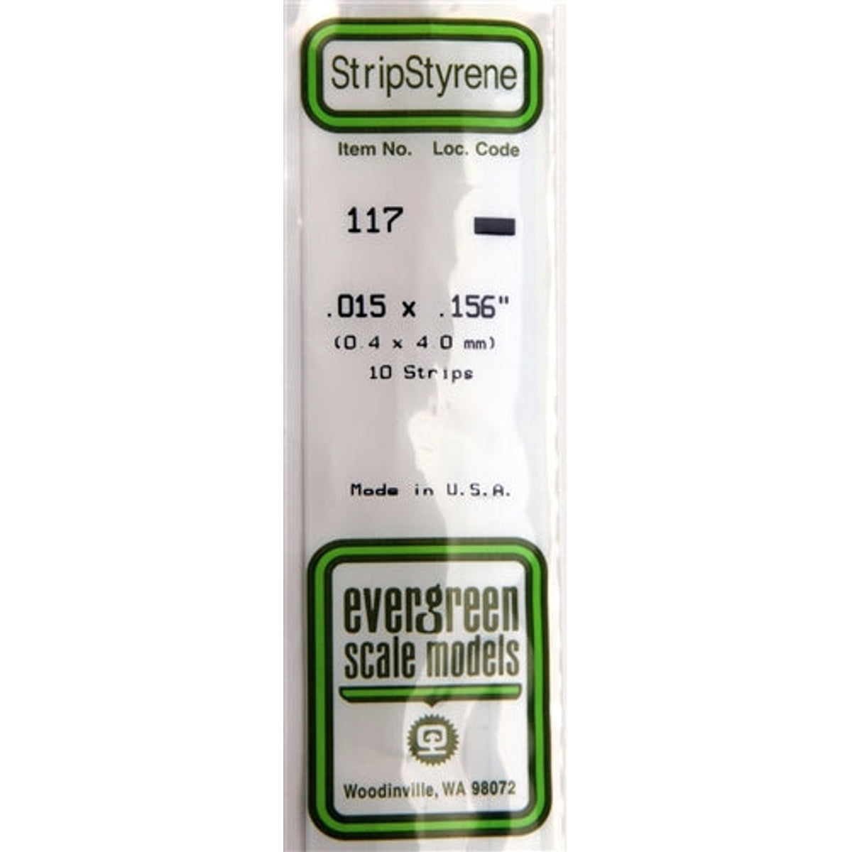 Evergreen Scale Models 117 Styrene Strip .015 X .156" (0.4 X 4.0mm) 10 strips NIB