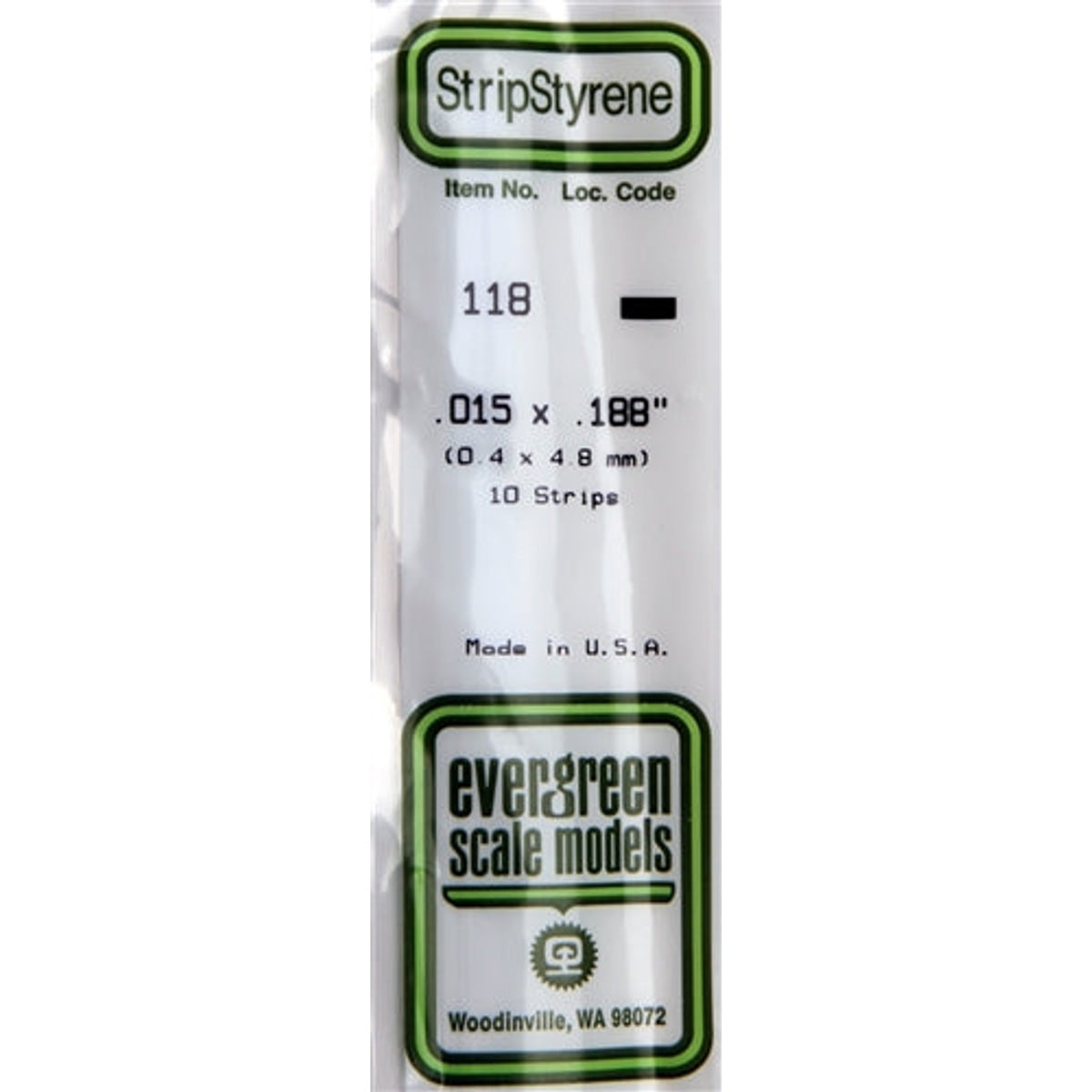 Evergreen Scale Models 118 Styrene Strip .015 X .188" (0.4 X 4.8mm) 10 strips NIB