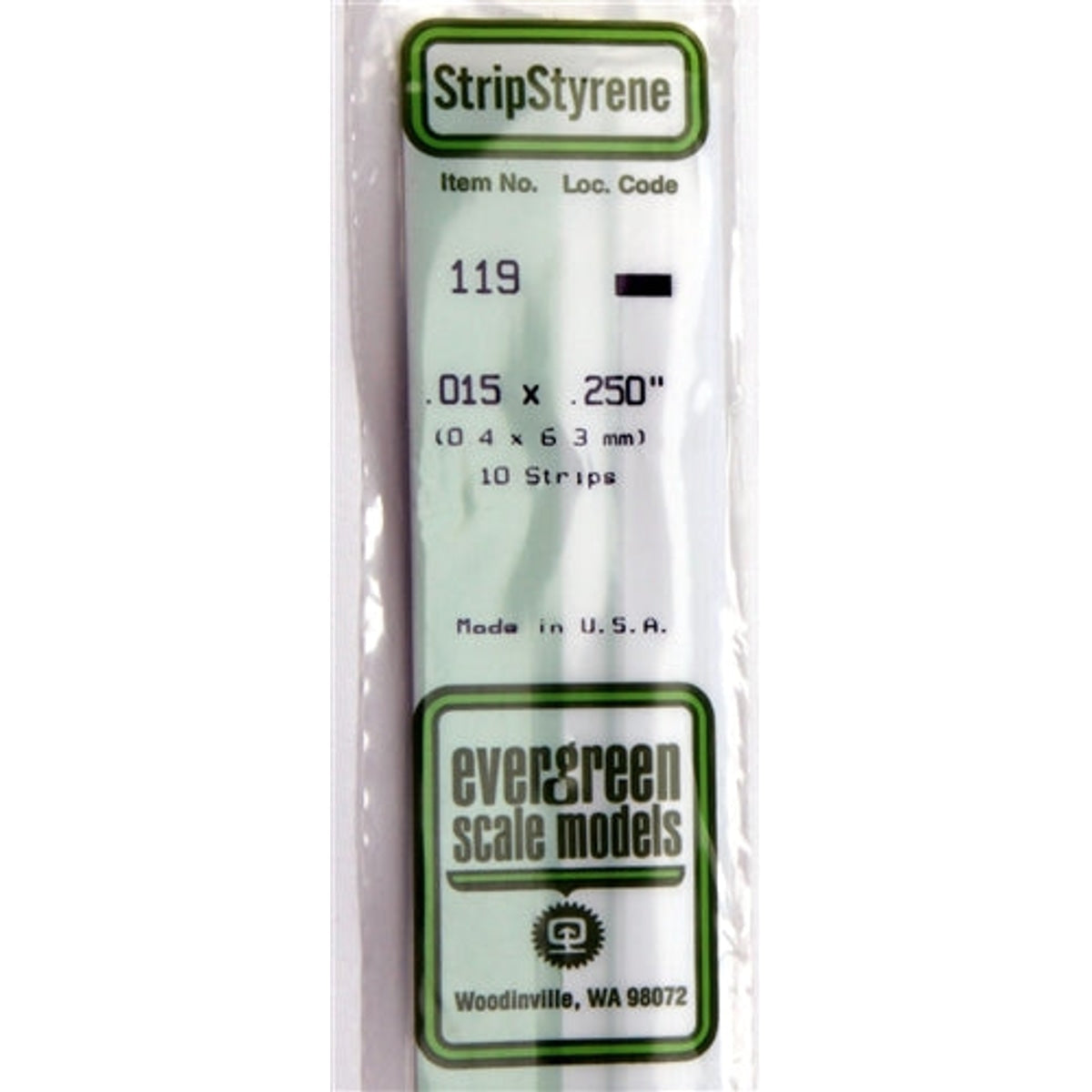 Evergreen Scale Models 119 Styrene Strip .015 X .250" (0.4 X 6.3mm) 10 strips NIB