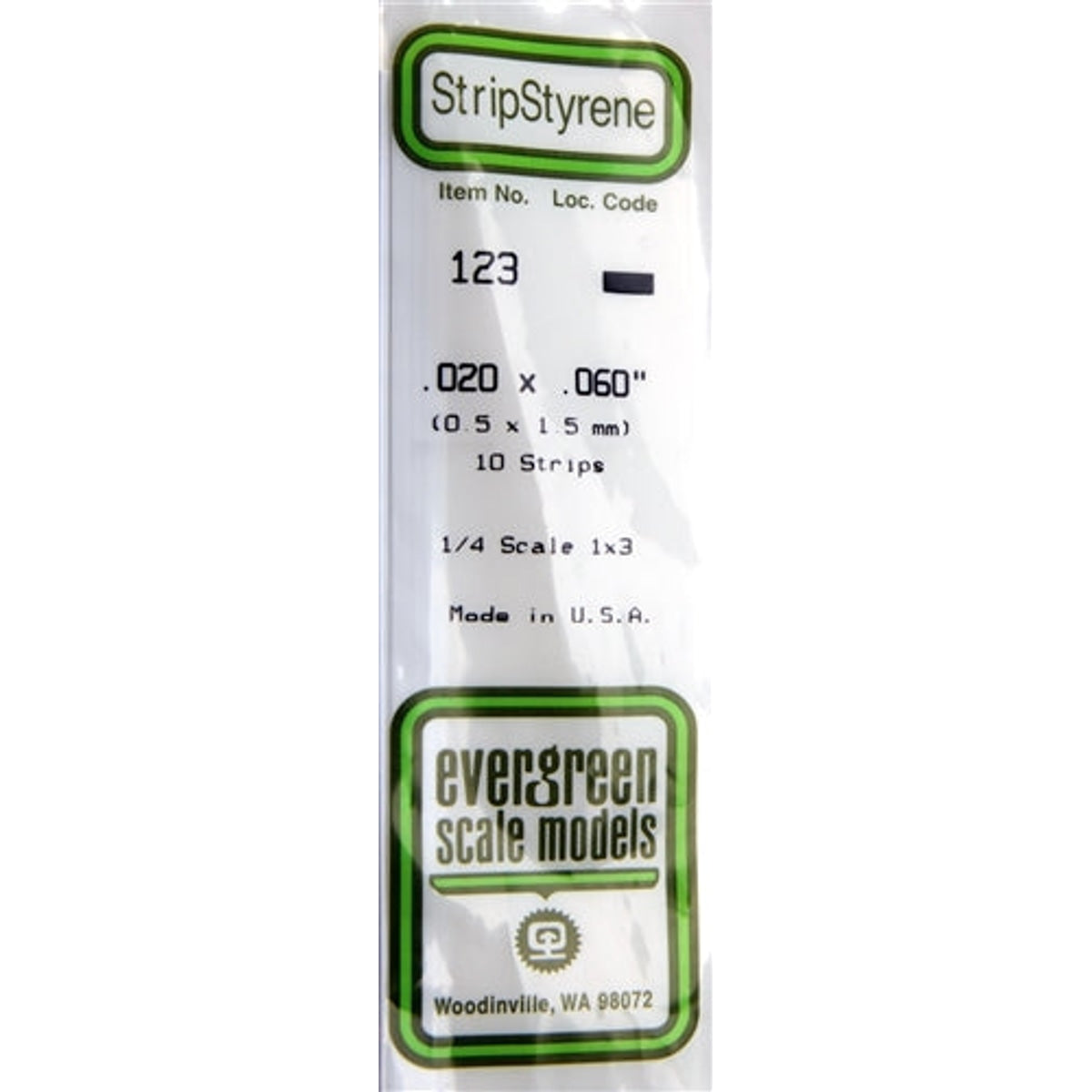 Evergreen Scale Models 123 Styrene Strip .020 X .060" (0.5 X 1.5mm) 10 strips NIB