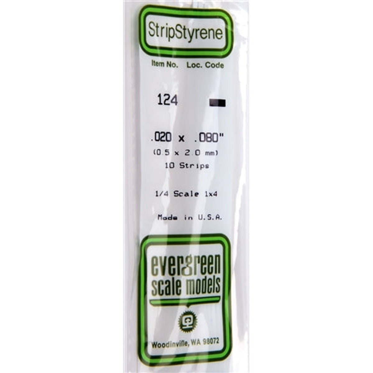 Evergreen Scale Models 124 Styrene Strip .020 X .080" (0.5 X 2.0mm) 10 strips NIB