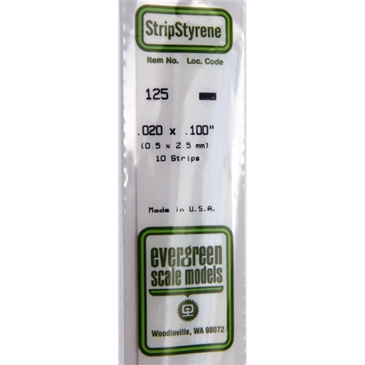 Evergreen Scale Models 125 Styrene Strip .020 X .100" (0.5 X 2.5mm) 10 strips NIB