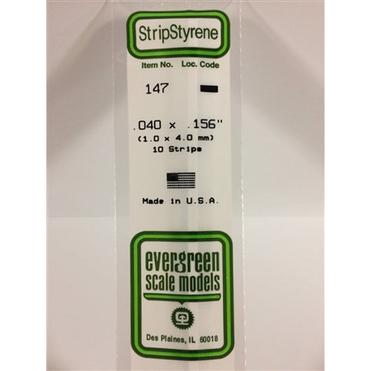 Evergreen Scale Models 147 Styrene Strips .040 x .156" (1.0 X 3.2mm) 10 strips NIB
