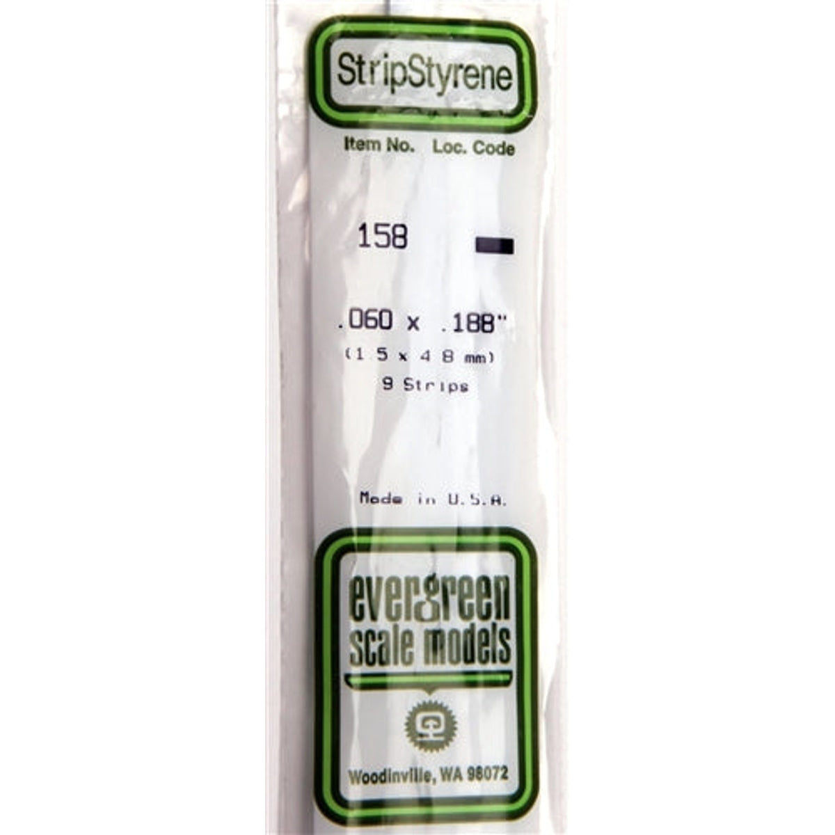 Evergreen Scale Models 158 Styrene Strips .060 x .188" (1.5 X 4.8mm) 9 strips NIB