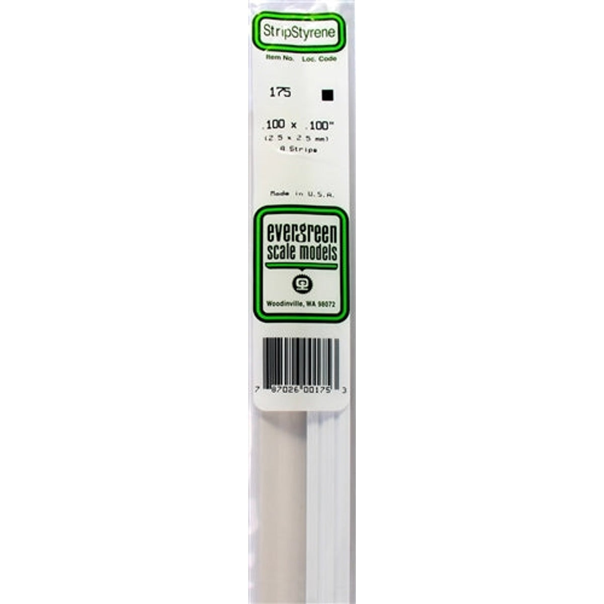 Evergreen Scale Models 175 Styrene Strip .100 X .100" (2.5 X 2.5mm) 8 strips NIB
