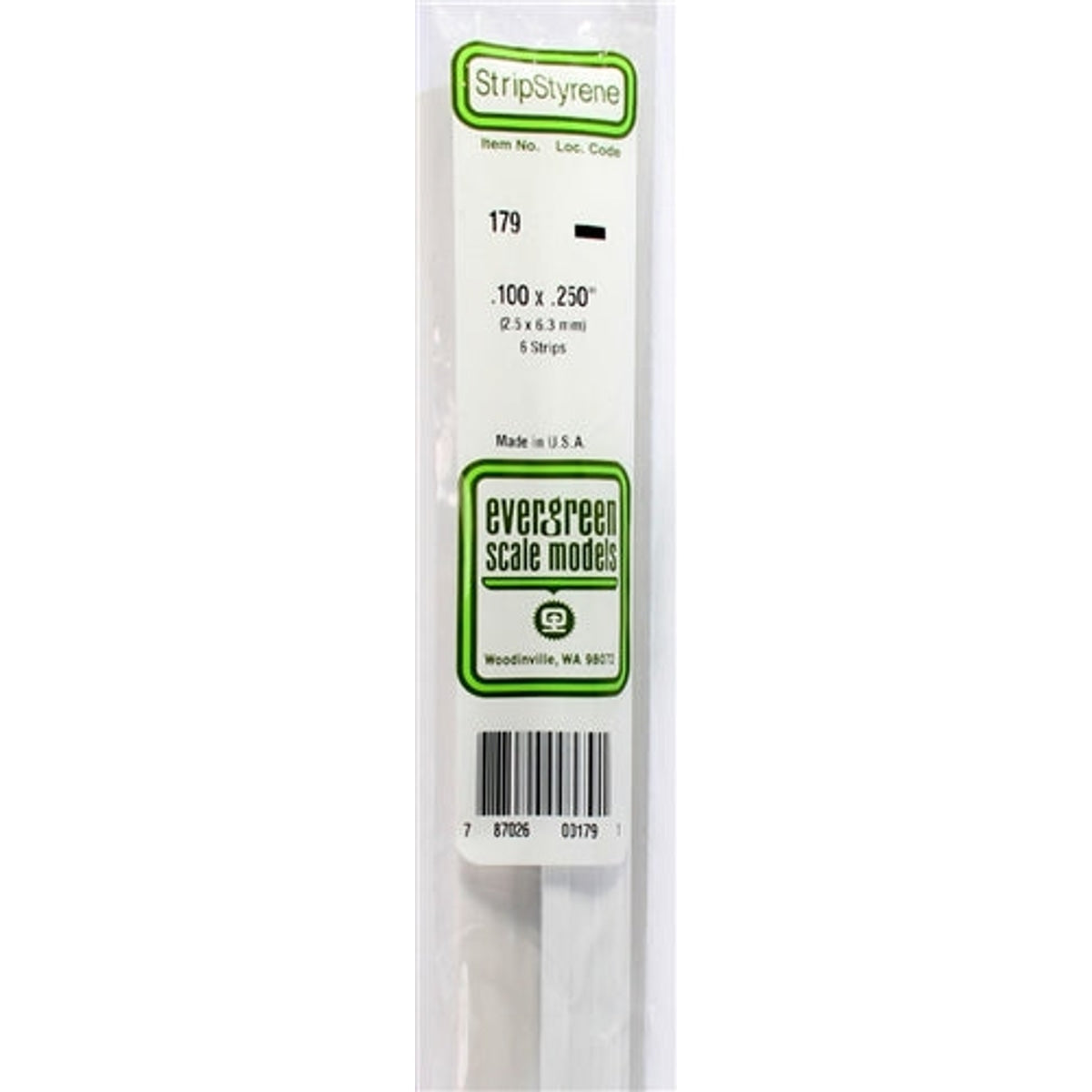 Evergreen Scale Models 179 Styrene Strip .100 X .250" (2.5 X 6.3mm) 6 strips NIB