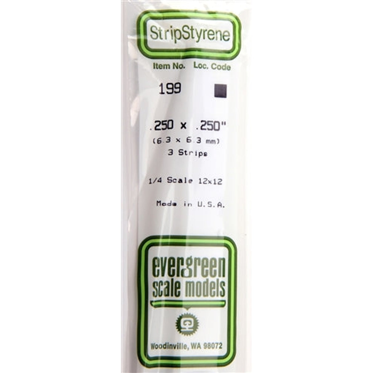 Evergreen Scale Models 199 Styrene Strip .250 x .250" (6.3 x 6.3mm) 3 strips NIB