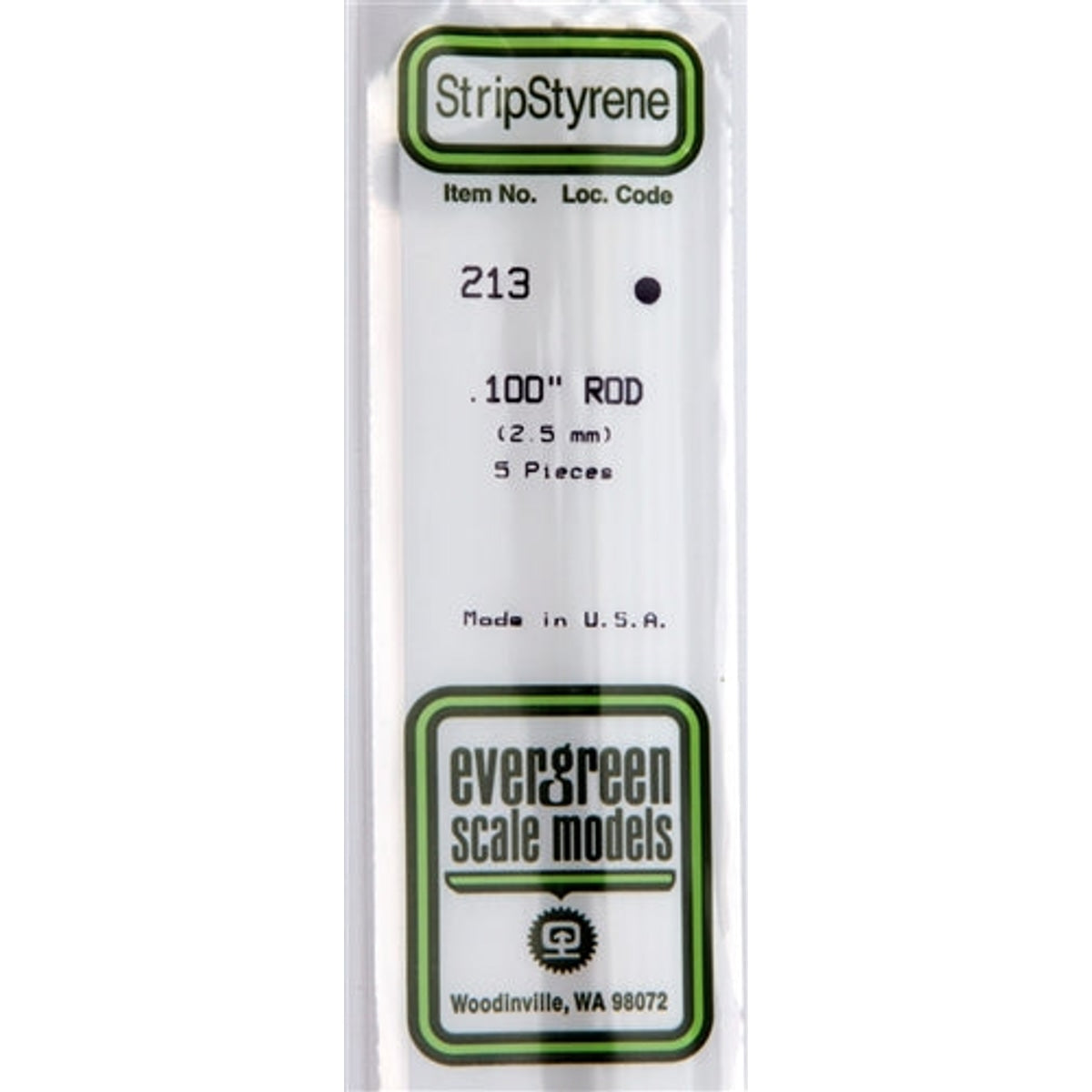 Evergreen Scale Models 213 Styrene Rod .100" (2.5mm) 5 pieces NIB
