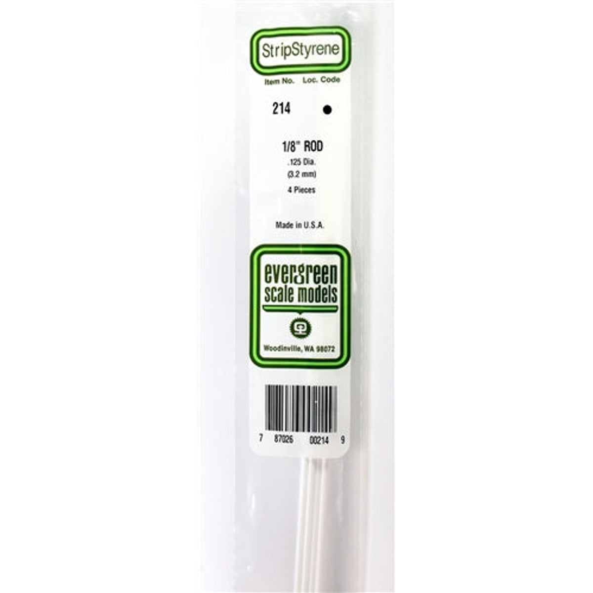 Evergreen Scale Models 214 Styrene Rod .125" (3.2mm) 4 pieces NIB