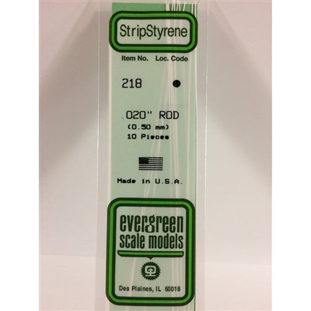 Evergreen Scale Models 218 Styrene Rod .020" (.05cm) Pkg of 10 NIB