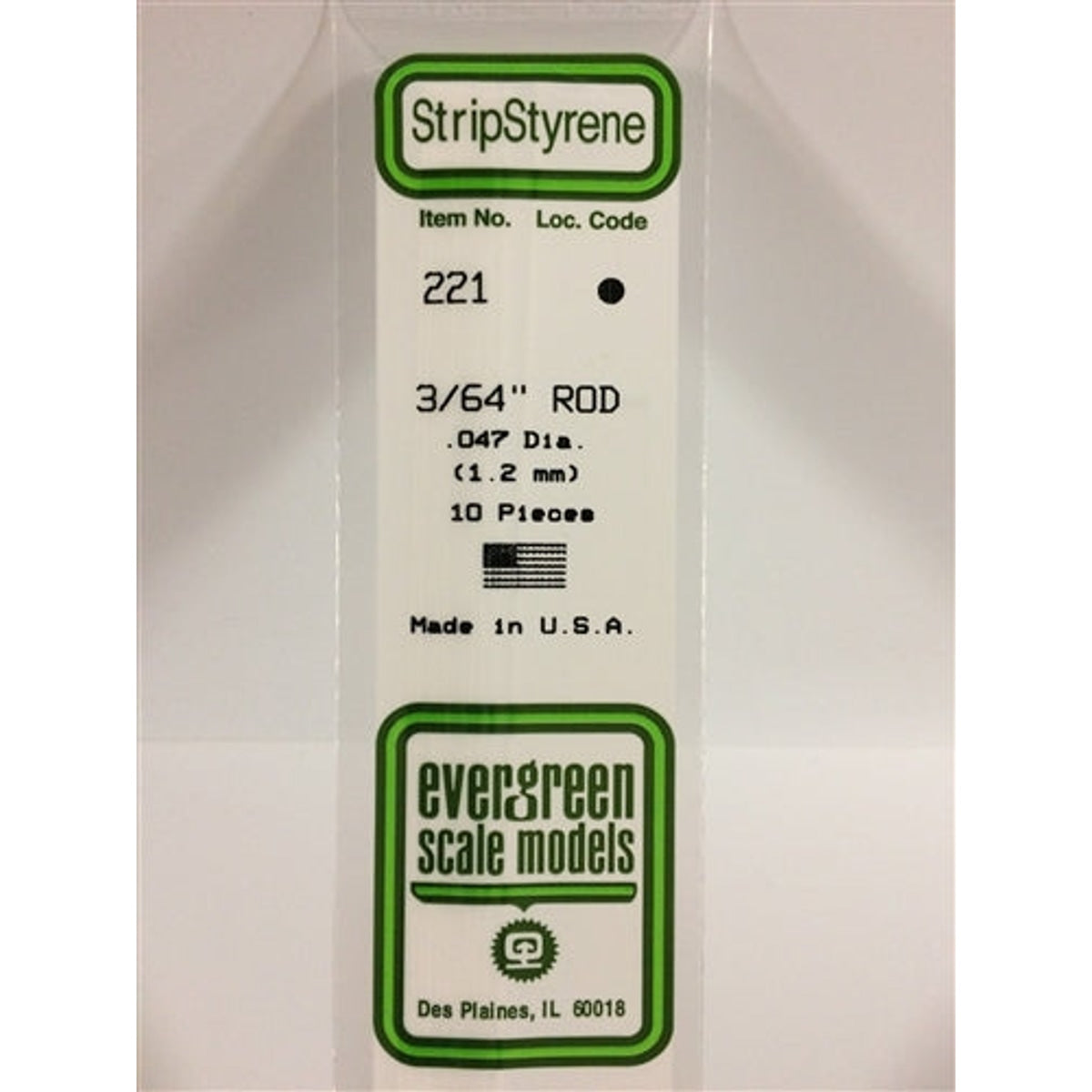 Evergreen Scale Models 221 Styrene Rod .047" (.12cm) Pkg of 10 NIB