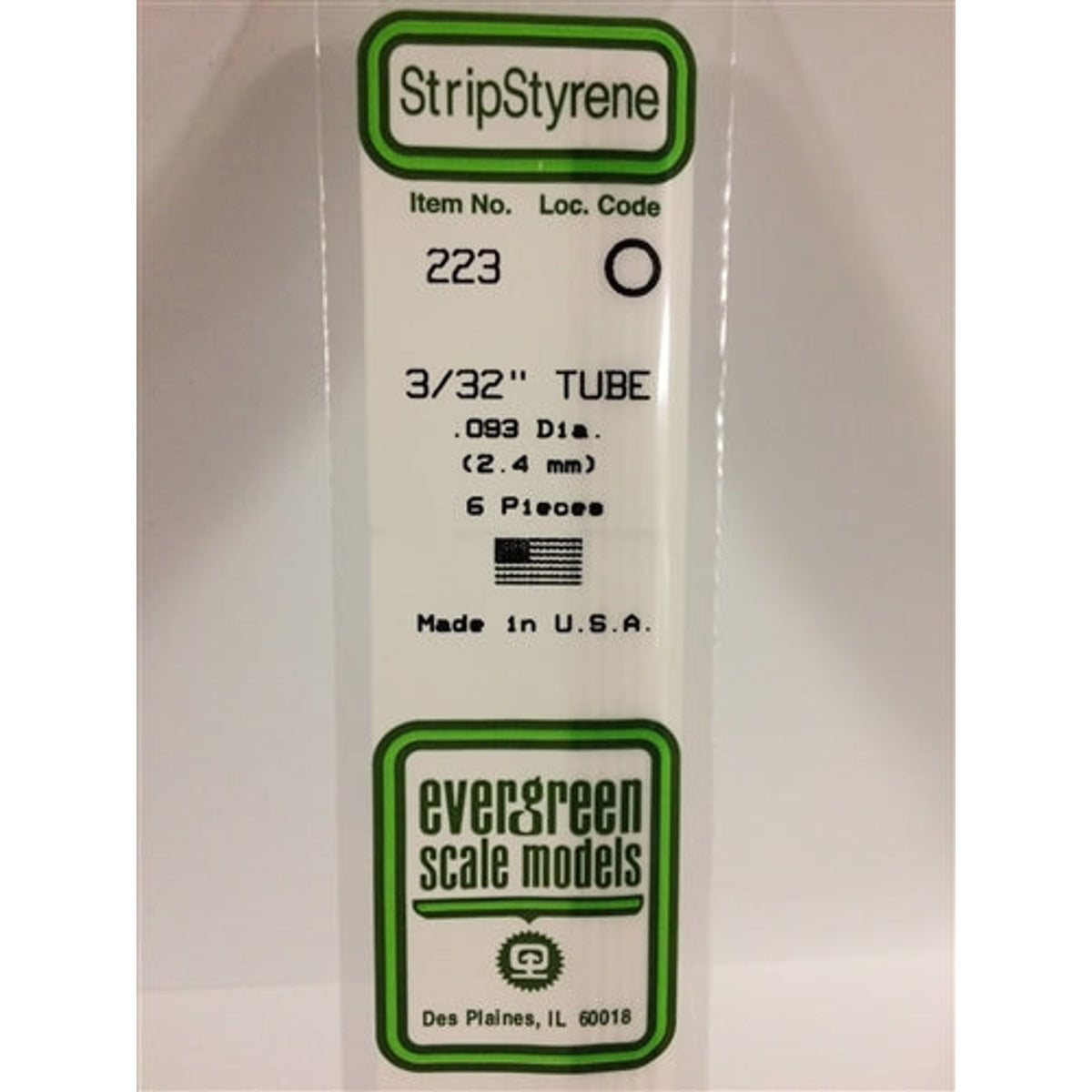 Evergreen Scale Models 223 Styrene Tube .093" (.24cm) Diameter Pkg of 6 NIB