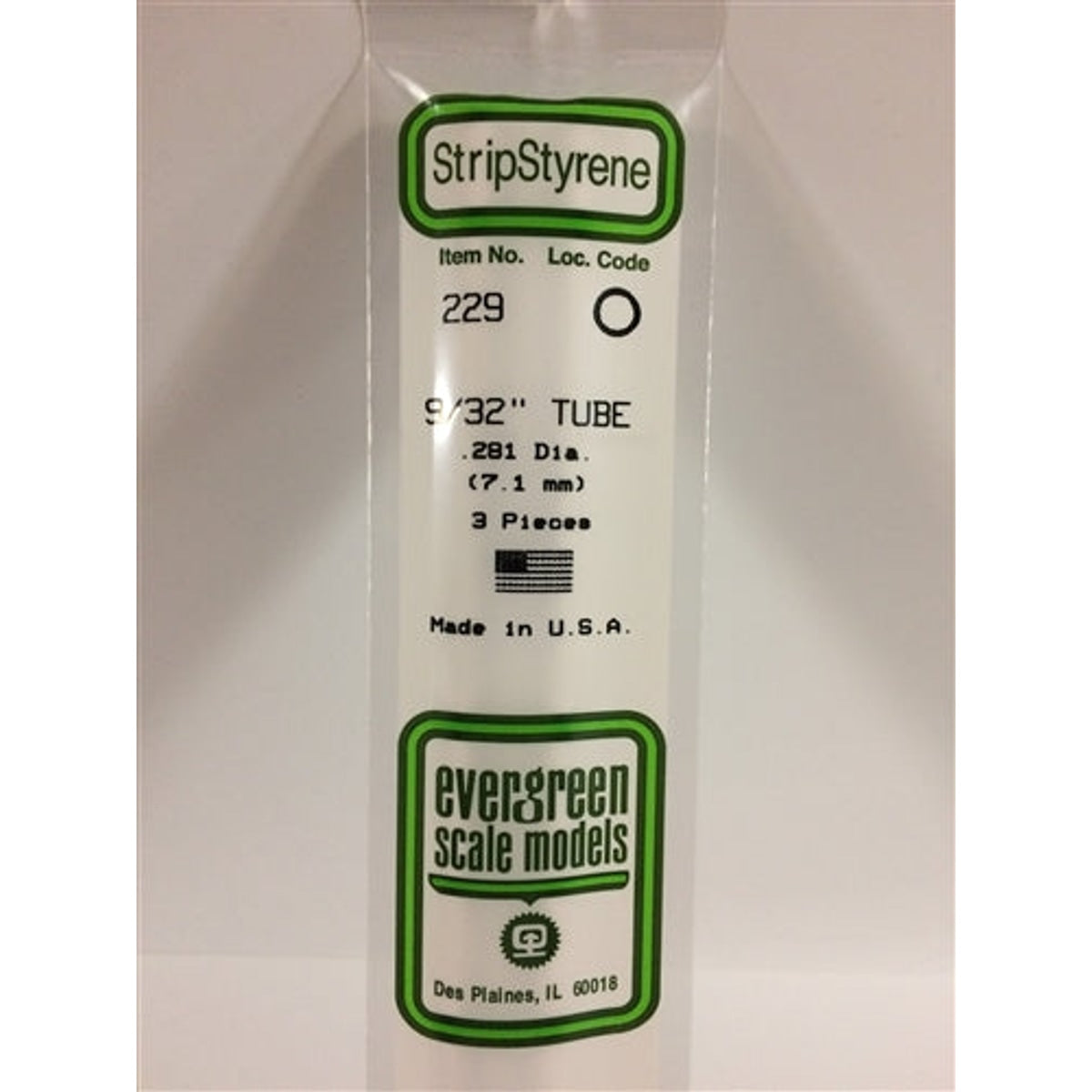 Evergreen Scale Models 229 Styrene Tube .281" (.71cm) Diameter Pkg of 3 NIB