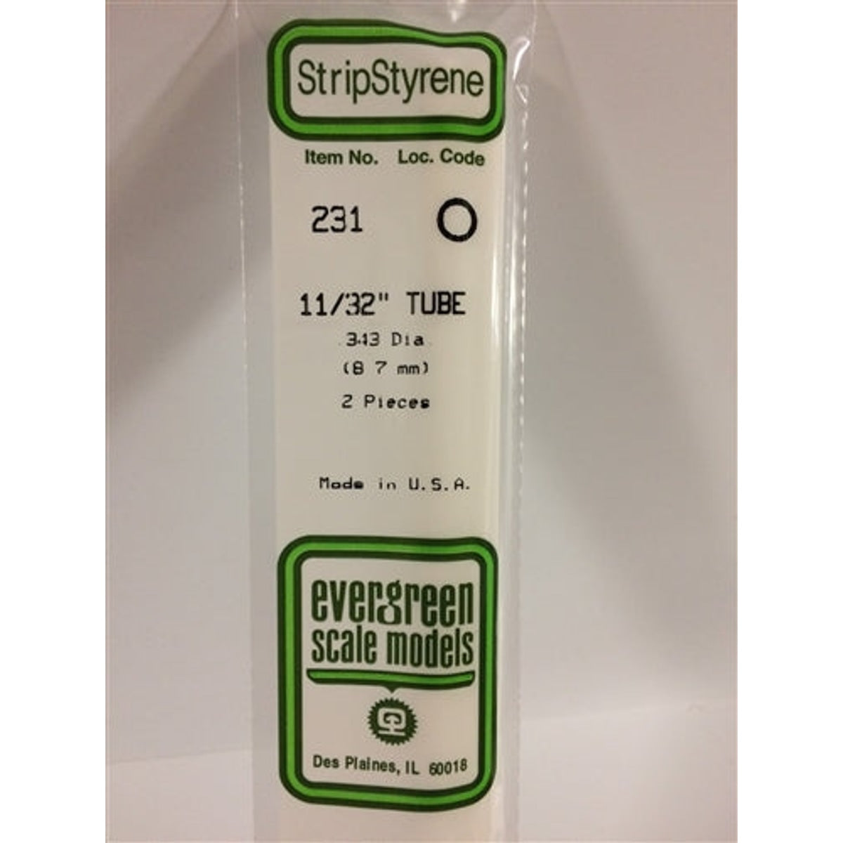 Evergreen Scale Models 231 Styrene Tube .344" (.87cm) Diameter Pkg of 2 NIB
