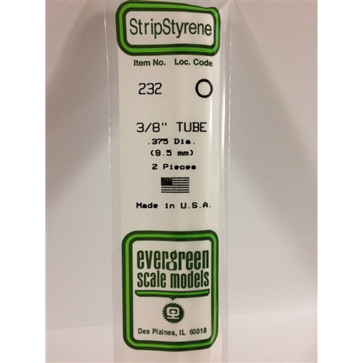 Evergreen Scale Models 232 Styrene Tube .375" (.95cm) Diameter Pkg of 2 NIB