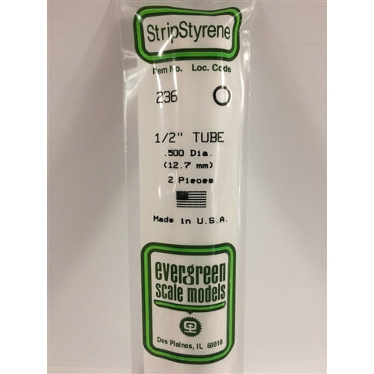 Evergreen Scale Models 236 Styrene Tube .500" (1.27cm) Diameter Pkg of 2 NIB