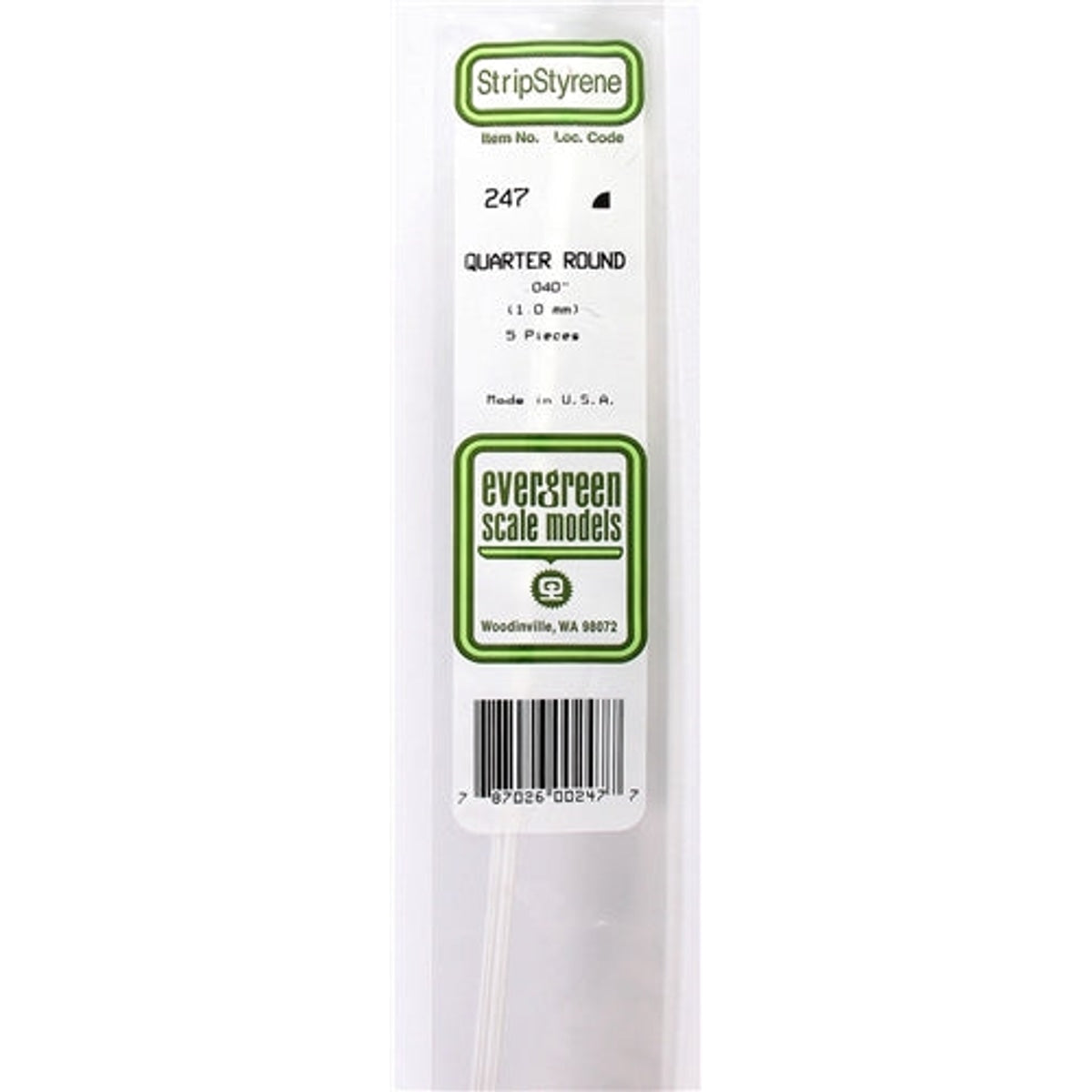 Evergreen Scale Models 247 14" Styrene Quarter Round .040" Pkg of 5 NIB