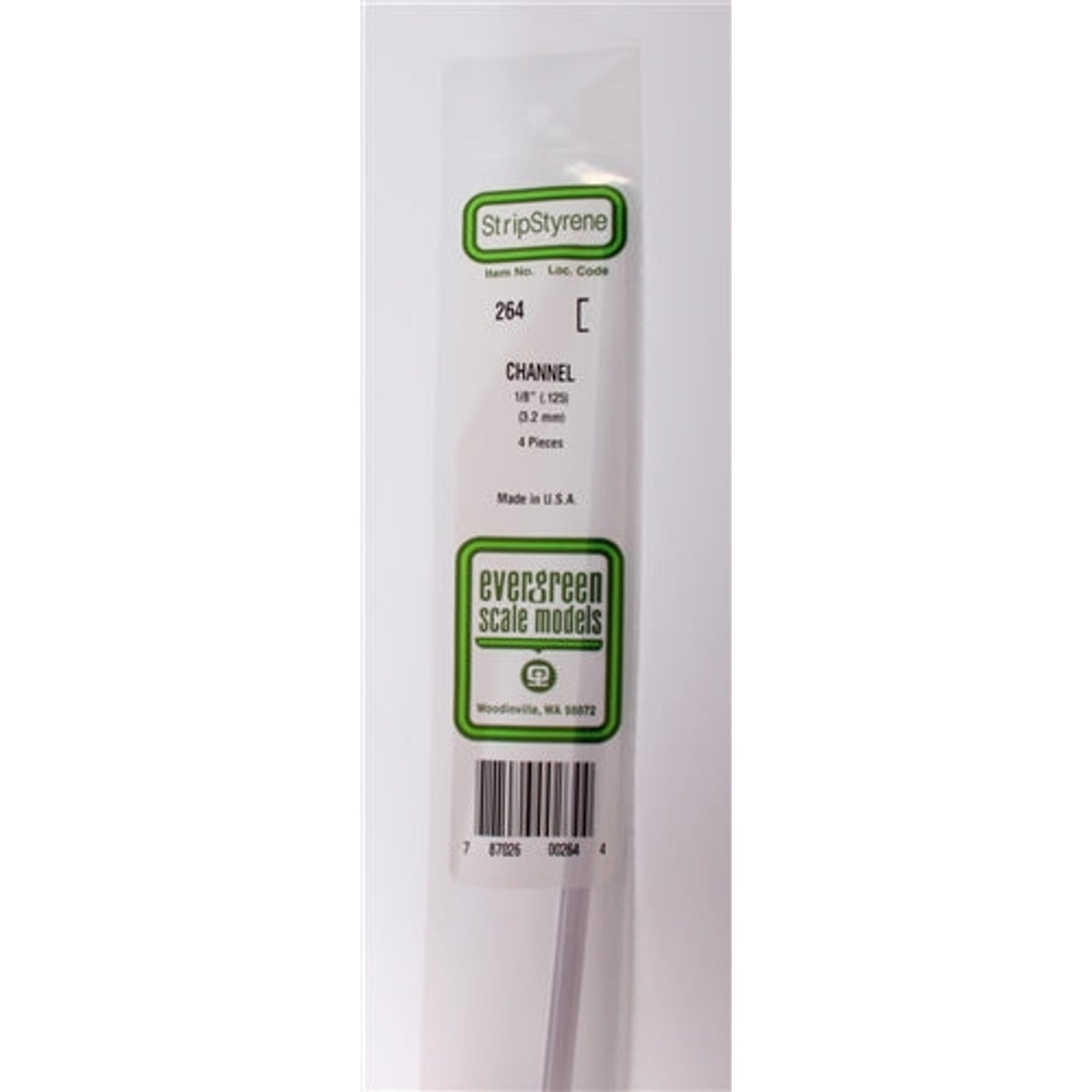 Evergreen Scale Models 264 Styrene Channel 1/8" (.125") (3.2mm) 4 pieces NIB