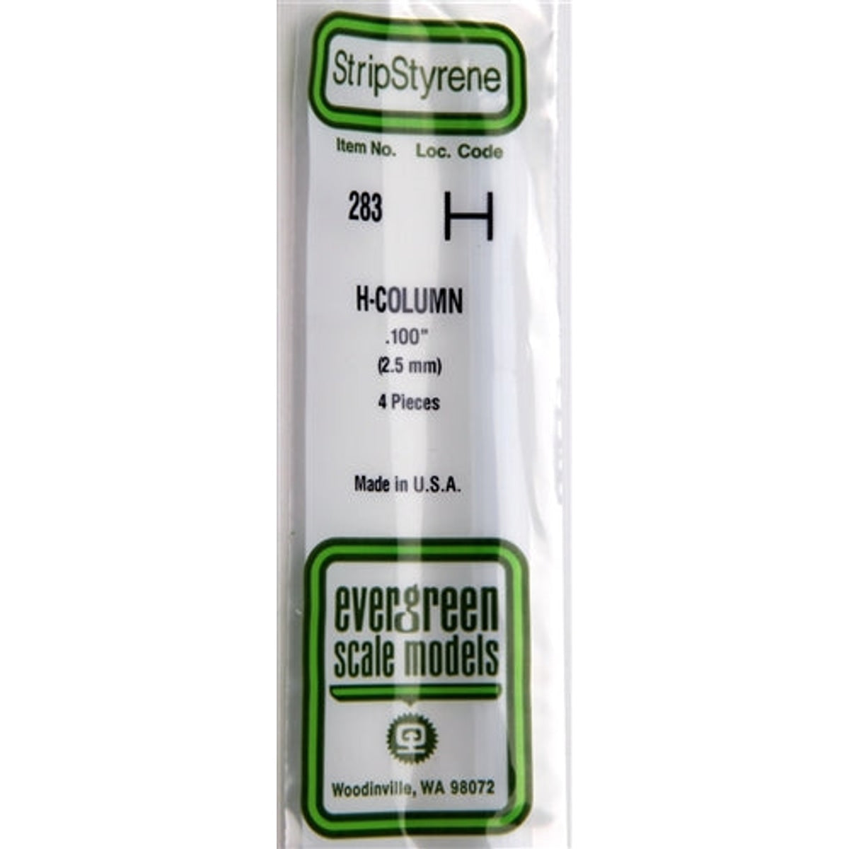 Evergreen Scale Models 283 14" Styrene H-Column .100" (2.5mm) 4 pieces NIB