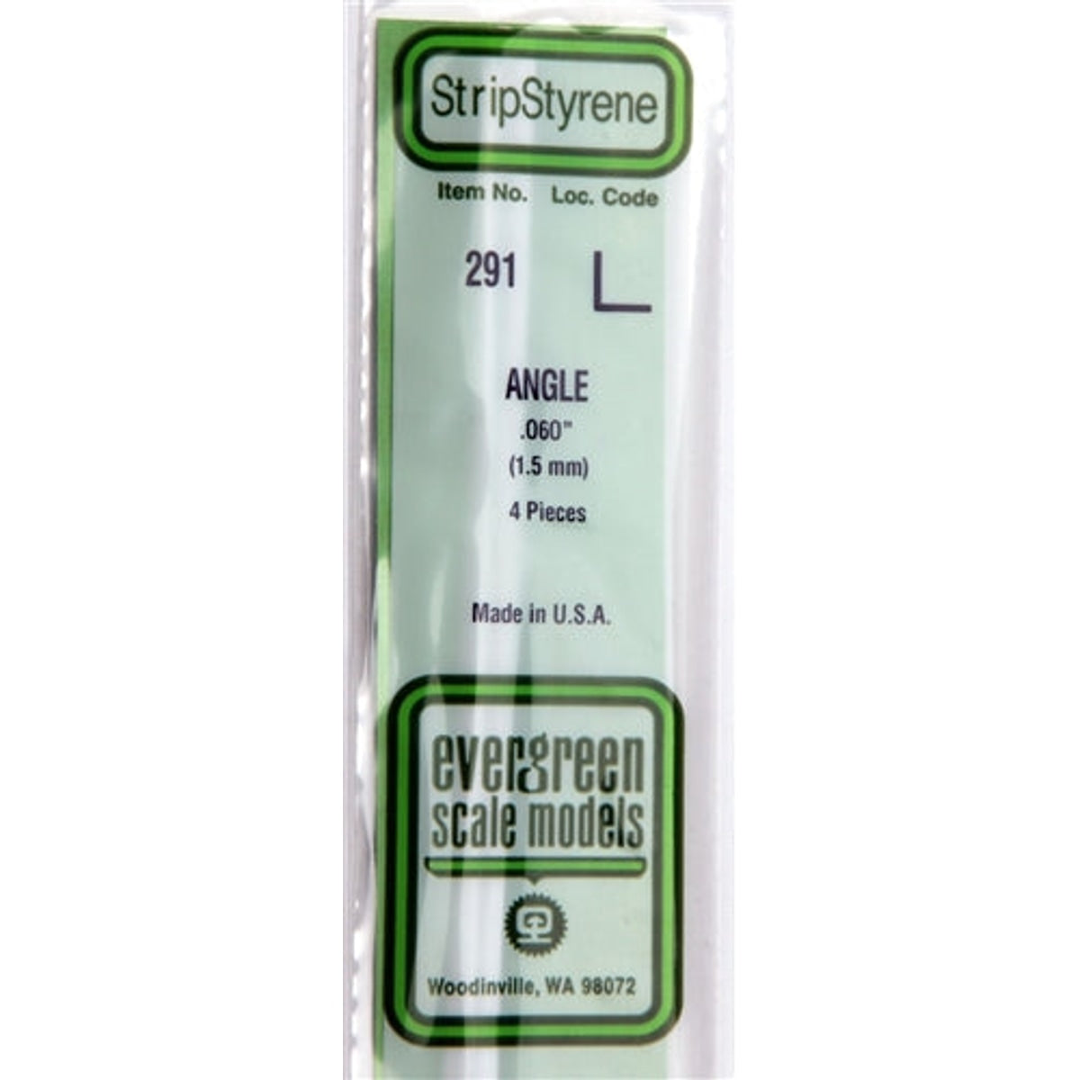 Evergreen Scale Models 291 Styrene Angle .060" (1.5mm) 4 Pieces NIB
