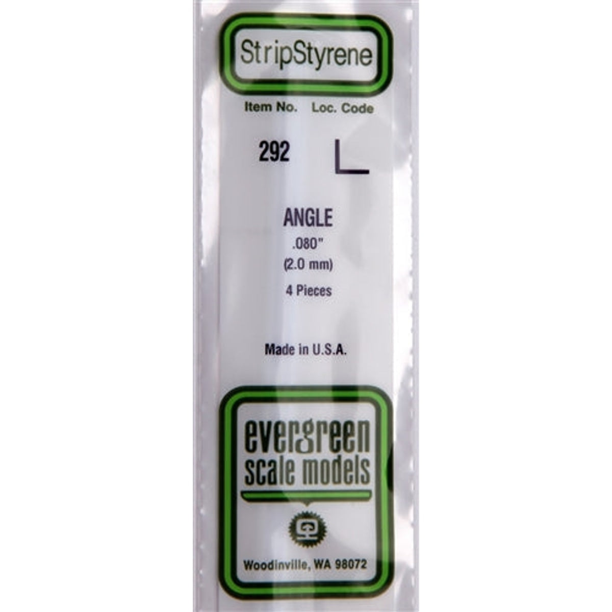 Evergreen Scale Models 292 Styrene Angle .080" (2.0mm) 4 pieces NIB