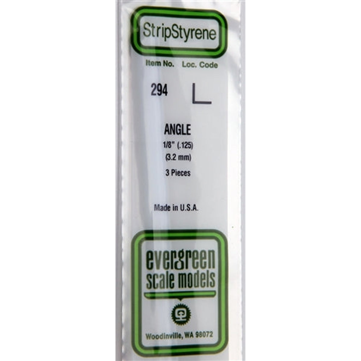 Evergreen Scale Models 294 Styrene Angle 1/8" (.125) (3.2mm) 3 Pieces NIB