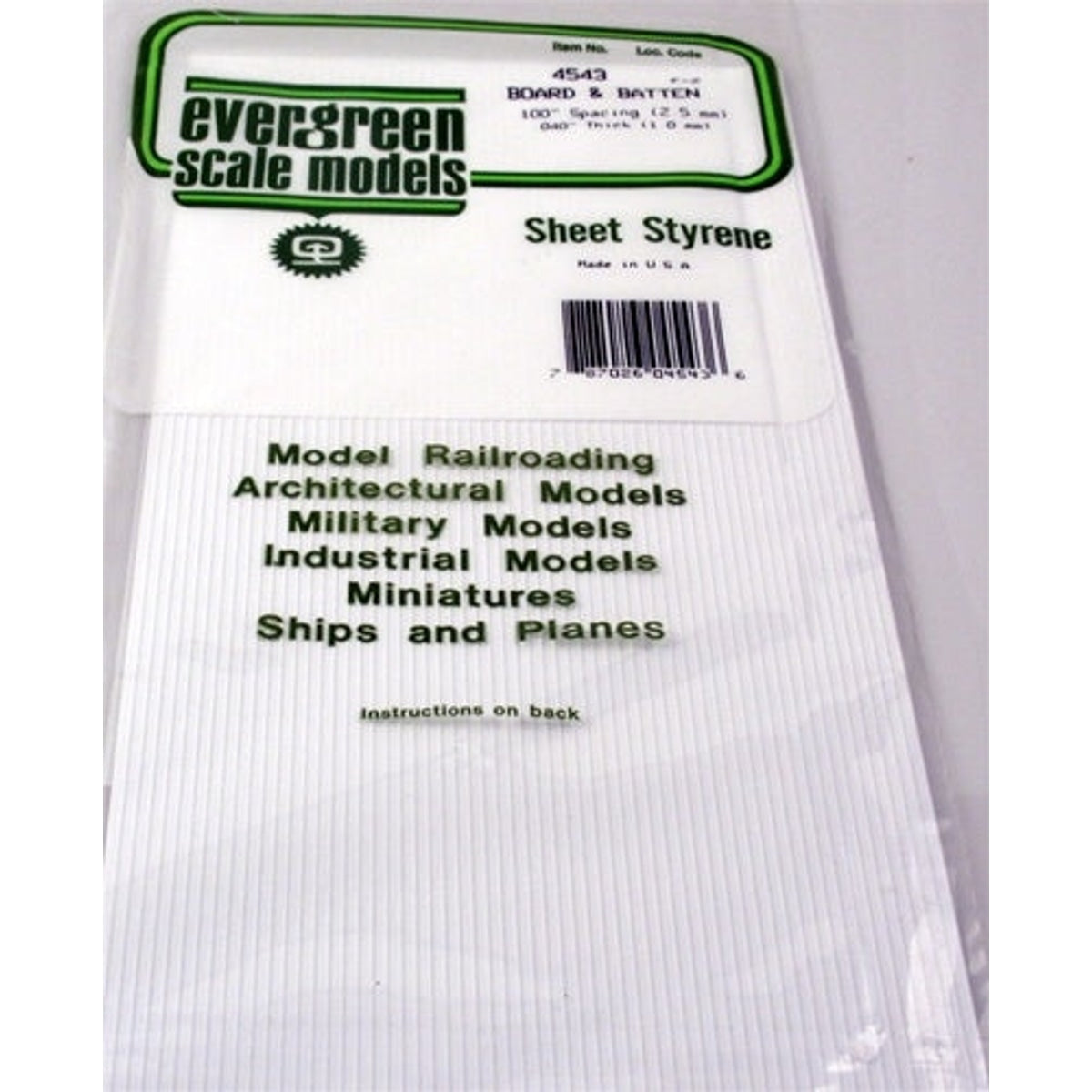 Evergreen Scale Models 4543 Styrene Board & Batten 100" Spacing (2.5 mm) .040" Thick (1.0 mm) NIB