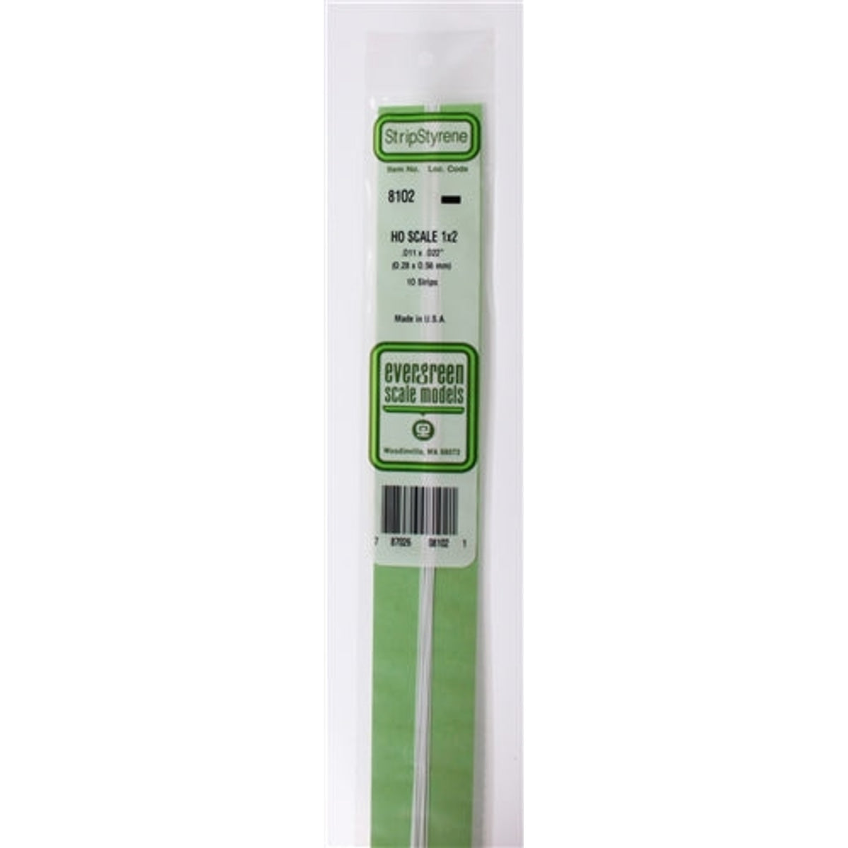 Evergreen Scale Models 8102 Styrene Strip 1x2 .011 x .022" (0.29 x 0.56mm) 10 strips NIB