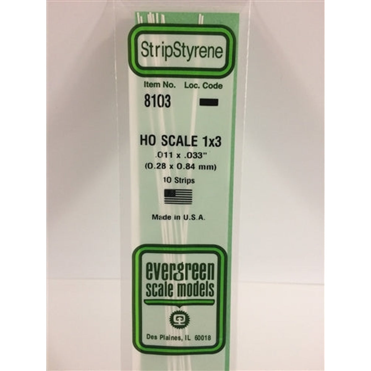 Evergreen Scale Models 8103 Styrene Strip 1x3 .011 x .033" (0.28 x 0.84mm) 10 strips NIB