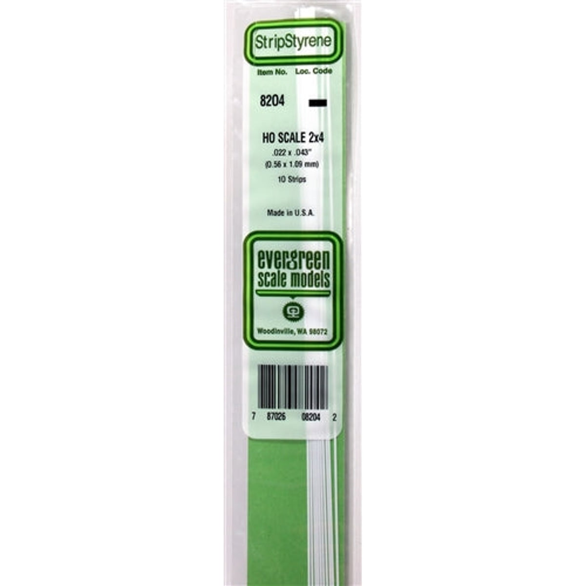 Evergreen Scale Models 8204 Styrene Strip 2x4 .022" x .043" (5.1 x 10.2cm) 10 strips NIB