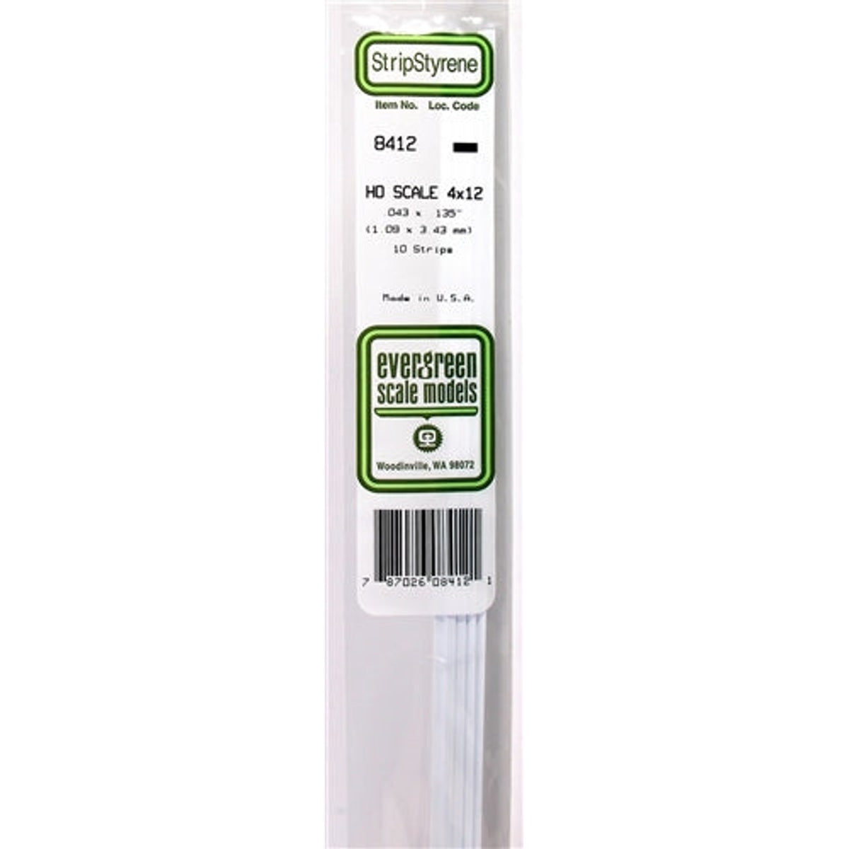 Evergreen Scale Models 8412 Styrene Strip 4x12 .043 x .135 " (1.09 x 3.43mm) 10 strips NIB