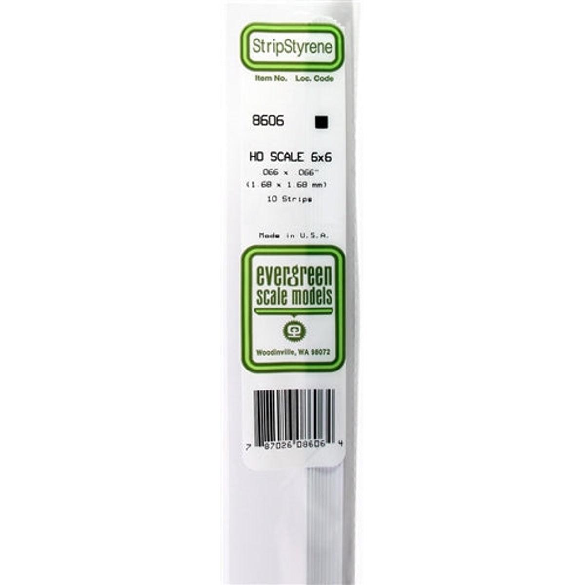 Evergreen Scale Models 8606 Styrene 6x6 .066" x .066" (1.68 x 1.68) 10 strips NIB