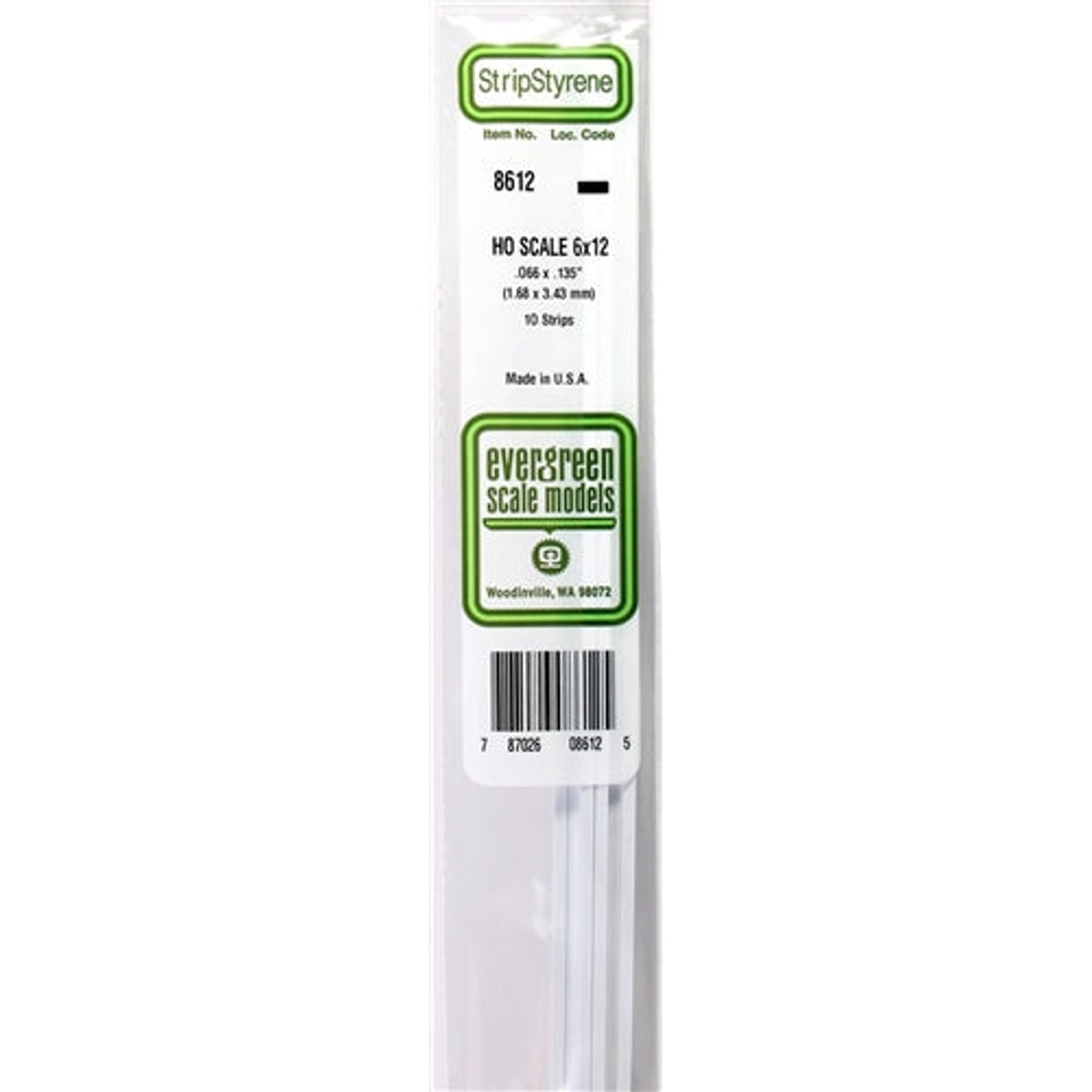 Evergreen Scale Models 8612 Styrene Strip 6x12 .066 x .135 (1.68 x 3.43mm) 10 strips NIB