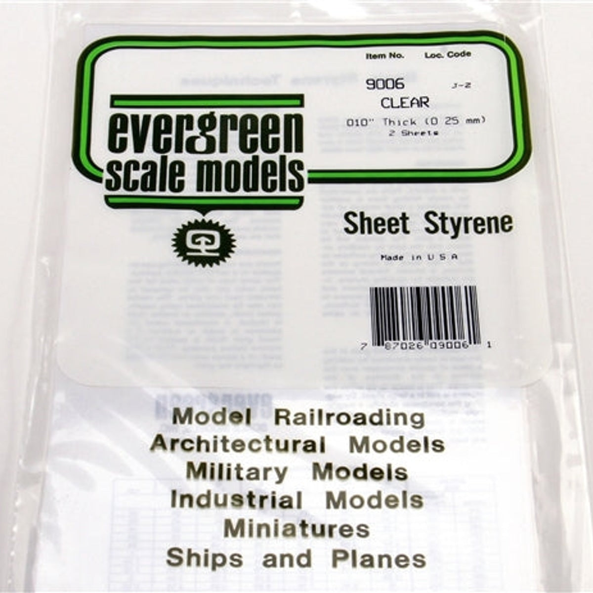 Evergreen Scale Models 9006 Sheet Styrene Clear 6 x 12" (15.2 x 30.5cm) .010" (.03cm) NIB
