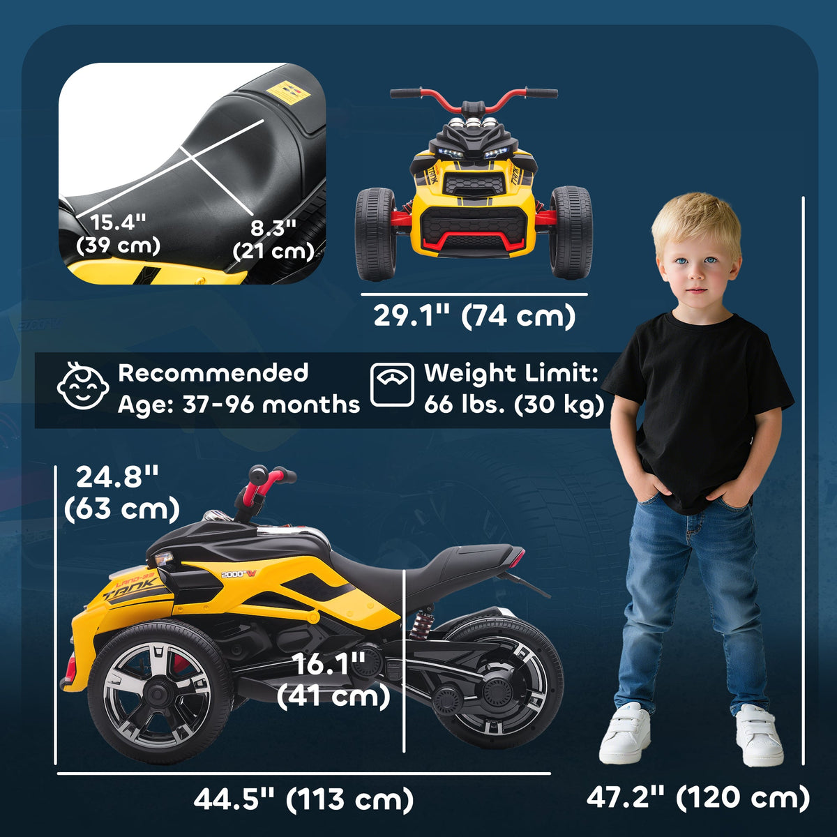 12V Kids Ride On ATV with MP3 Player, Music, Horn, 2 Speeds, LED Lights, Gift for Boys & Girls, Yellow