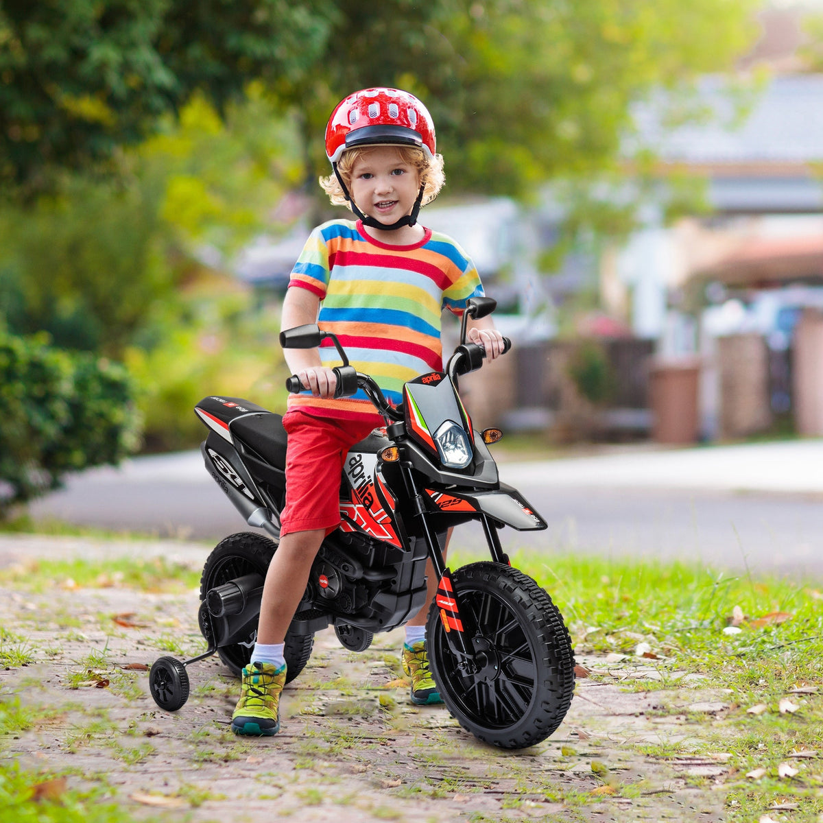 12V Aprilia Licenced Kids Electric Motorcycle, Battery-Powered Dirt Bike with Training Wheels for Aged 3-8, Red