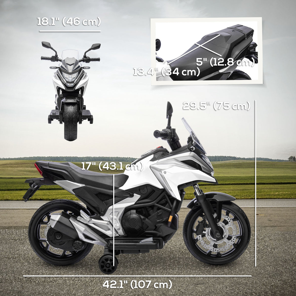 Honda Licensed 12V Ride on Motorbike for Kids with Headlights Music Training Wheels, for 3-6 Years, White