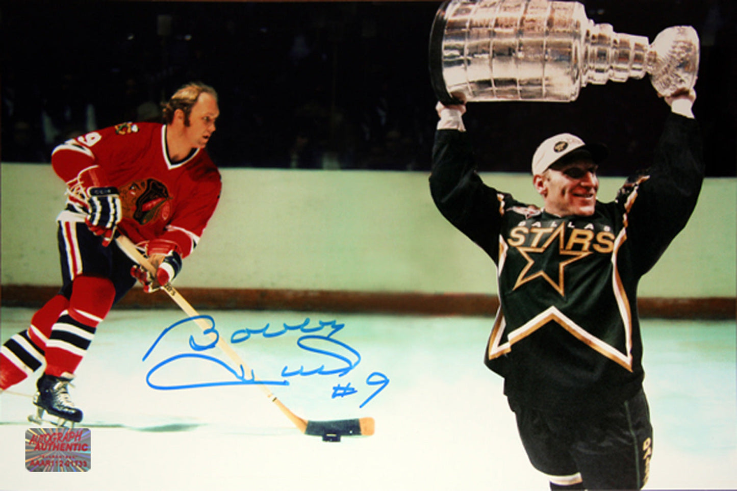 BOBBY HULL & BRETT HULL SIGNED 10X15 PHOTO CHICAGO BLACKHAWKS & DALLAS STARS NHL AUTOGRAPHED COLLECTIBLE (15" X 10") – AUTOGRAPHED MEMORABILIA DISPLAY – AUTHENTIC SIGNED COLLECTIBLE