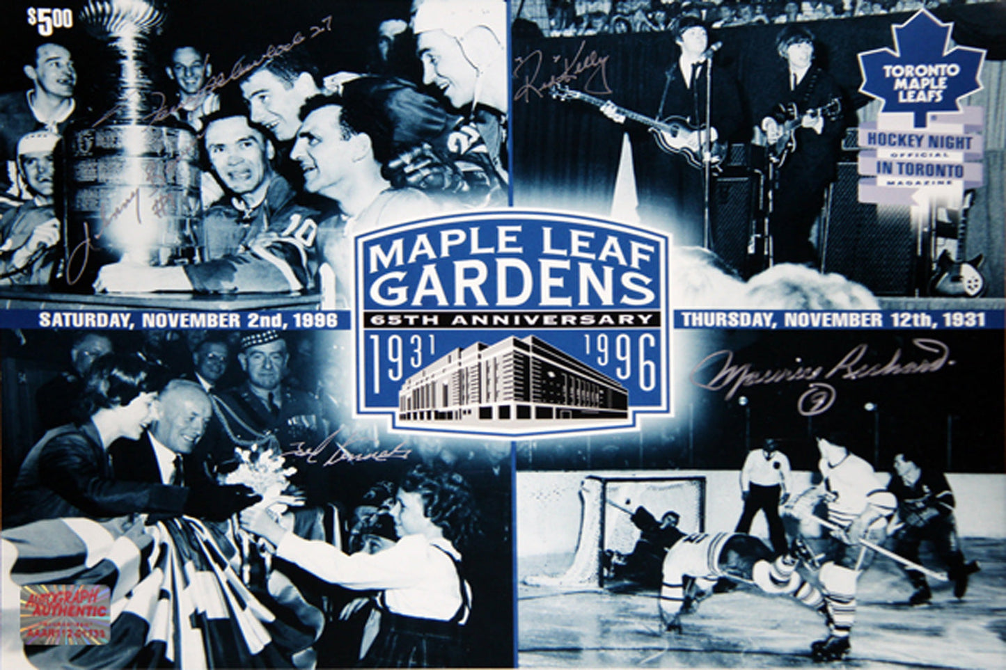 MAPLE LEAF GARDENS 65TH ANNIVERSARY 11X14 PHOTO WITH 5 AUTOGRAPHS – TORONTO MAPLE LEAFS & MONTREAL CANADIENS (14" X 11") – AUTOGRAPHED MEMORABILIA DISPLAY – AUTHENTIC SIGNED COLLECTIBLE