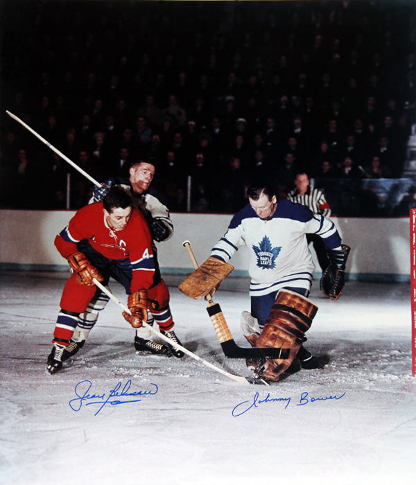 JEAN BELIVEAU & JOHNNY BOWER DUAL-SIGNED 16" X 20" PHOTO MONTREAL CANADIENS & TORONTO MAPLE LEAFS NHL COLLECTIBLE (20" X 16") – AUTOGRAPHED MEMORABILIA DISPLAY – AUTHENTIC SIGNED COLLECTIBLE