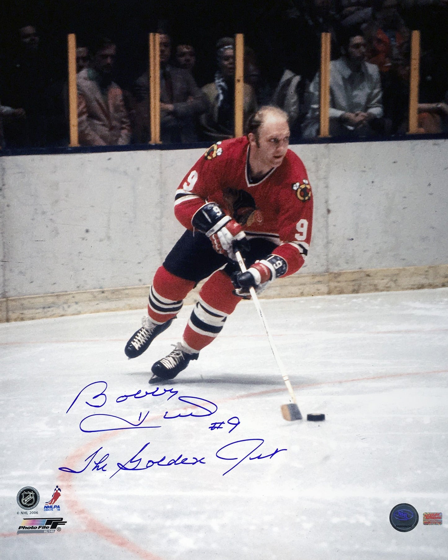 BOBBY HULL SIGNED 16" X 20" CHICAGO BLACKHAWKS PHOTO “GOLDEN JET” NHL HOCKEY AUTOGRAPHED MEMORABILIA (20" X 16") – AUTOGRAPHED MEMORABILIA DISPLAY – AUTHENTIC SIGNED COLLECTIBLE