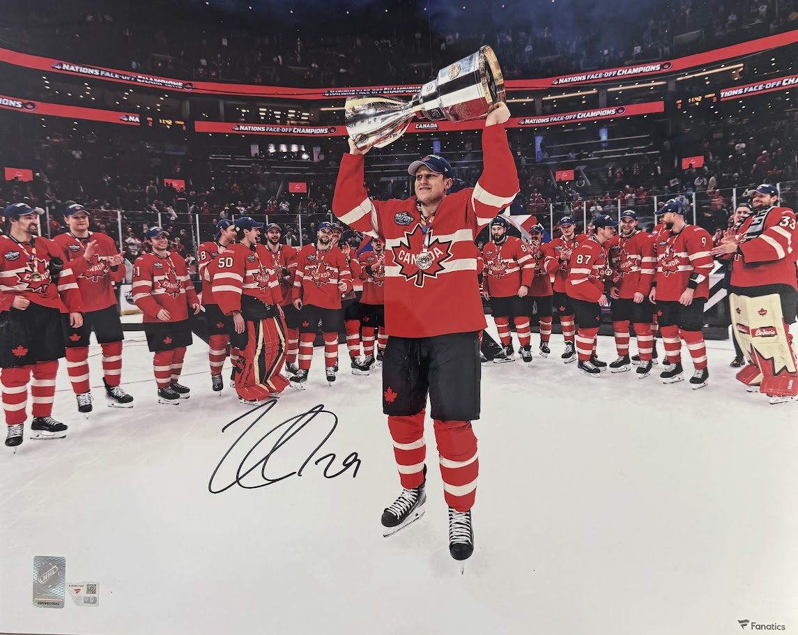 NATHAN MACKINNON AUTOGRAPHED TEAM CANADA 2025 4 NATIONS CHAMPIONSHIP CELEBRATION 16X20 PHOTO – OFFICIAL SIGNED HOCKEY COLLECTIBLE WITH CERTIFICATE OF AUTHENTICITY