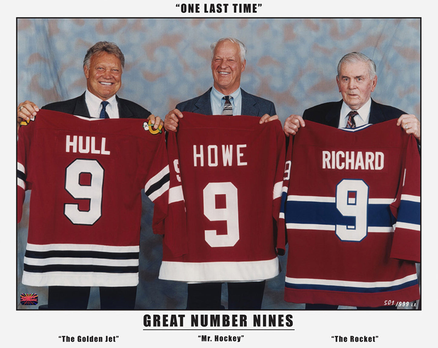 THREE GREAT NINES 16" X 20" MAURICE RICHARD GORDIE HOWE BOBBY HULL LIMITED EDITION OF 999 NHL LEGENDS PHOTOGRAPH (20" X 16") – MEMORABILIA DISPLAY – AUTHENTIC COLLECTIBLE