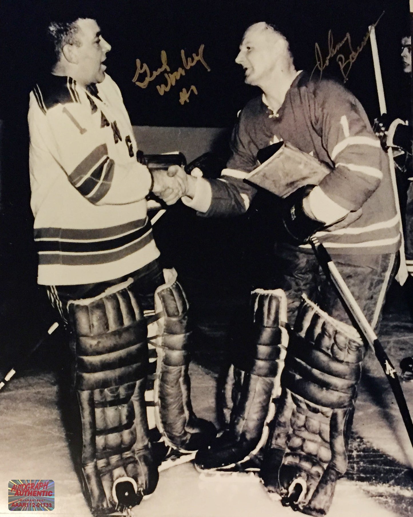 JOHNNY BOWER & GUMP WORSLEY DUAL SIGNED 8" X 10"PHOTOGRAPH – TORONTO MAPLE LEAFS & MONTREAL CANADIENS AUTOGRAPHED NHL COLLECTIBLE (8" X 10")