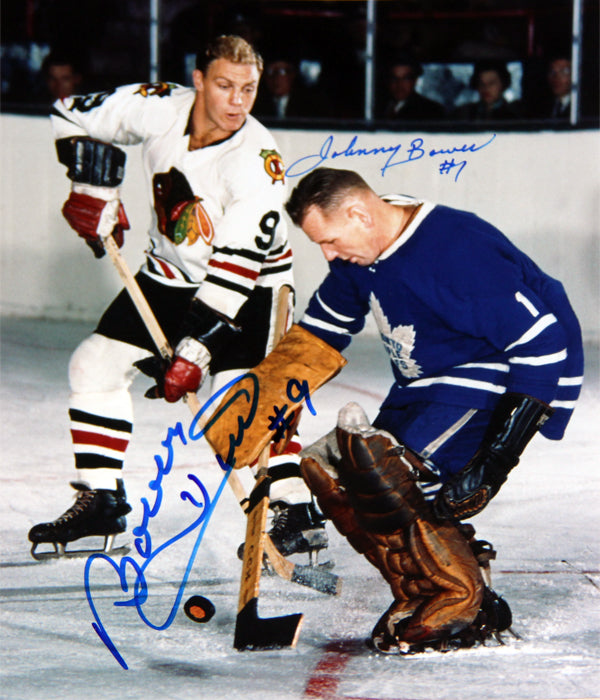 JOHNNY BOWER & BOBBY HULL AUTOGRAPHED 8" X 10"PHOTOGRAPH – TORONTO MAPLE LEAFS VS CHICAGO BLACKHAWKS NHL SIGNED HOCKEY COLLECTIBLE (8" X 10")